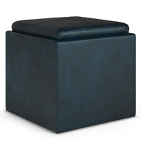 Rockwood Cube Storage Ottoman with Tray in Distressed Dark Blue Faux Leather