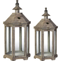 Temple Design Wooden Lantern with Glass Panels, Brown, Set of 2