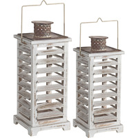 Wood and Metal Lanterns with Louvered Design, White, Set of 2