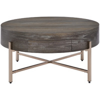 1 Drawer Round Modern Coffee Table with Crossed Metal Legs, Brown and Gold