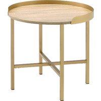 Kai 22 Inch Wood End Table, Round Tray Top, Metal Accent, Brown, Brass