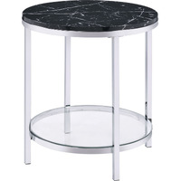 End Table with Round Faux Marble Top and Glass Shelf, Black