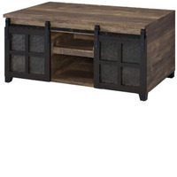 Coffee Table with 2 Barn Sliding Glass Doors and Pull Out Tray, Brown
