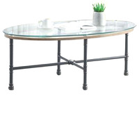 Sofa Table with Oval Glass Top and Metal Pipe Style Legs, Gray