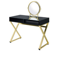 Vanity Desk with Round Mirror and Cross Metal Legs, Black and Gold