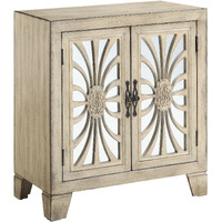 Console Table with 2 Glass Doors and Floral Motif, Antique White