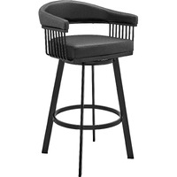 Swivel Barstool with Open Metal Frame and Slatted Arms, Black