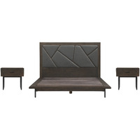 Marquis 3 Piece Queen Size Platform Bed Frame Bedroom Set in Oak Wood with Faux Leather Headboard