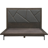 Marquis Queen Size Platform Bed Frame in Oak Wood with Faux Leather Headboard and Black Metal Legs