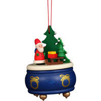 10-0925 - Christian Ulbricht Ornament - Blue Music Box With Santa - 3"H x 2.5"W x 2.5"D