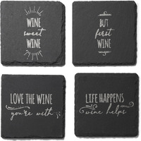 Life Happens-Wine Helps  Slate  Coasters Silver Set of 4, Square 4X4"