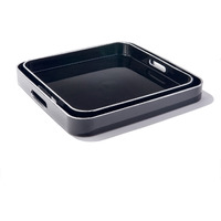 Black Square Set of 2 Serveware Trays With Silver Rim & Handles LG 14.76 X 14.76 X 1.96", SM 13.39 X 13.39 X 1.77"
