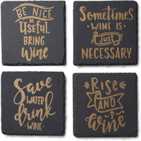 Wine Is Necessary Slate Coasters Gold Set of 4, Square 4X4"