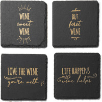 Life Happens-Wine Helps Slate Coasters Gold  Set of 4, Square 4X4"