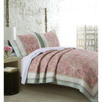 Denver 3 Piece Queen Cotton Quilt Set with Fern Branches Print, Multicolor