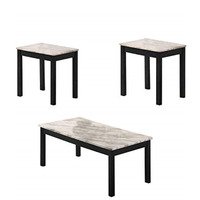 3 Piece Coffee Table and End Table with Faux Marble Top, Black and White