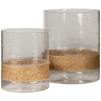 Candle Holder with Seeded Glass Hurricane and Rope, Set of 2,  Clear