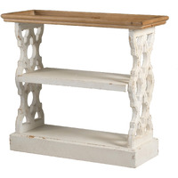 35 Inch 3 Tier Console Table, Fir Wood, Carved Panels, Brown and White