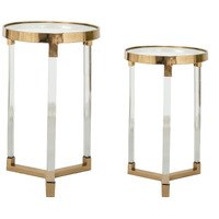 24, 21 Accent Tables, Acrylic Clear Legs, Glass Top, Set of 2, Gold