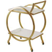 Sia 34 Inch Rolling Bar Cart, Round Steel Frame, Removable Trays White Gold