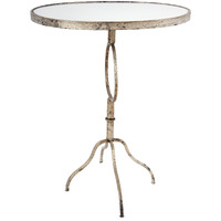 28 Inch Accent Side Table, Round Mirror Top, Metal Base, Rustic Gold Finish