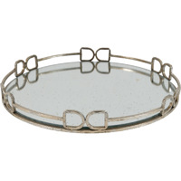 Sui 18 Inch Round Tray, Glass Bottom,  Silver Geometric Frame, Large