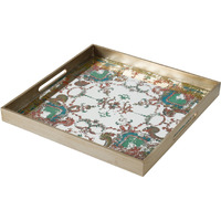 Miki 20 Inch Square Decorative Tray, Artisan Mirrored Damask Pattern, Gold