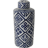 14 Inch Lidded Jar, Geometric Pattern, Cylindrical Blue and White Porcelain