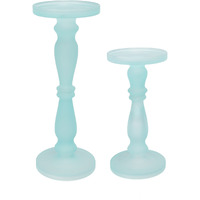 Qui 14, 11 Inch Candle Holders, Turned Pedestal, Blue Glass, Set of 2