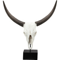 26 Inch Resin Cow Skull Accent Table Decoration, Metal Block Base, White