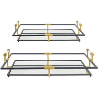 21, 27 Inch Set of 2 Decorative Trays with Mirror, Modern Frame, Gold, Black