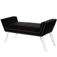 Katherine Velvet Modern Contemporary Nailhead Trim Acrylic Legs Bench , Black