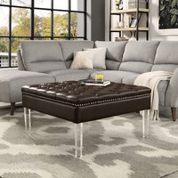 Luke PU Leather Oversized Button Tufted with Silver Nailhead Trim Clear Acrylic Legs Ottoman Coffee Table , Espresso