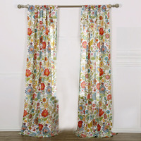 84 Inch Window Panel Curtain, Red and Blue Flowers, Polyester, Back Ties