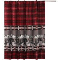 Sofia 72 Inch Bear Shower Curtain, Red and Black Plaid, Poly Microfiber