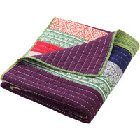 60 Inch Cotton Throw Blanket, Multi Color Stripes, Kantha Hand Quilting