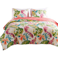 Aulne 3 Piece Full Quilt Set with Leaf Print, Multicolor