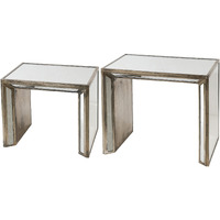 27, 21 Inch Nesting Side Table Set of 2, Mirrored Wood Frame, Silver
