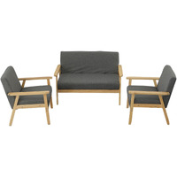Gala 3 Piece Loveseat and Chair Set, Gray Fabric, Natural Brown Wood Frame