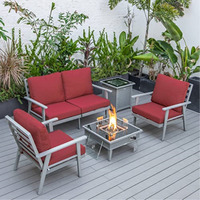 LeisureMod Walbrooke Modern Grey Patio Conversation With Square Fire Pit With Slats Design & Tank Holder