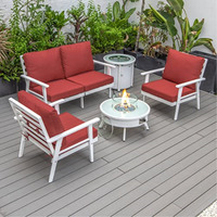 LeisureMod Walbrooke Modern White Patio Conversation With Round Fire Pit & Tank Holder
