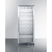 Mid-sized pharmaceutical all-refrigerator with stainless steel construction inside and out, digital controls, and self-closing glass door