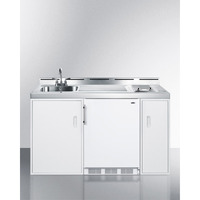 60" wide all-in-one kitchenette with 2-burner 115V smooth top cooktop, refrigerator-freezer, sink, and storage cabinet