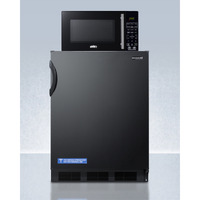 Counter height refrigerator-freezer and compact microwave in black with allocator and USB ports for 1-plug operation; ships in three boxes on one pallet