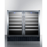 36" wide ADA compliant 68 bottle built-in dual zone wine cellar with two seamless stainless steel trimmed glass doors, digital controls, and locks