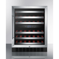 ADA compliant dual zone built-in wine cellar with digital thermostat, stainless steel trimmed shelves, and stainless steel wrapped cabinet