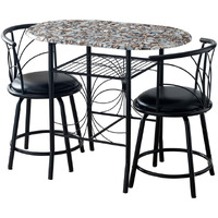 Spiky 3 Piece Kitchen Dinette Breakfast Set, Black Metal Frame With Cobblestone Wood Top