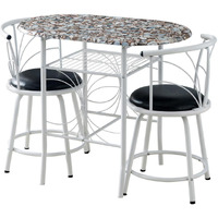 Spiky 3 Piece Kitchen Dinette Breakfast Set, White Metal Frame With Cobblestone Wood Top