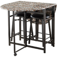 Spiky 3 Piece Kitchen Dinette Breakfast Pub Set, Black Metal Frame With Cobblestone Wood Top