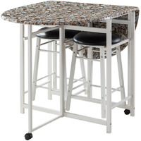 Spiky 3 Piece Kitchen Dinette Breakfast Pub Set, White Metal Frame With Cobblestone Wood Top
